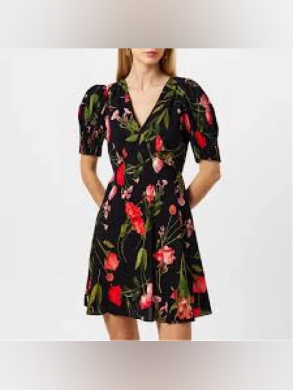 Ted Baker Black Floral Midi Dress with Pink & Red Blooms